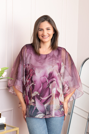 Bluze - Bluza dama eleganta Shirley mov pruna din voal cu imprimeu floral