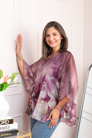 Bluza dama eleganta Shirley mov pruna din voal cu imprimeu floral [2]