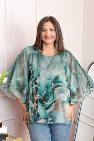 Bluze - Bluza dama eleganta Shirley verde din voal cu imprimeu floral