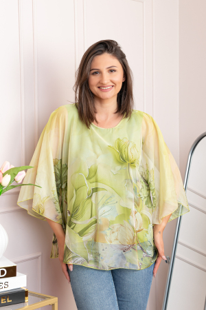 Bluze - Bluza dama eleganta Shirley verde lime din voal cu imprimeu floral