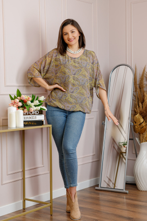 Bluza dama Maddie din voal bej cu imprimeu floral verde olive [3]