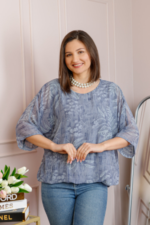 Bluze - Bluza dama Maddie din voal bleu cu imprimeu floral alb