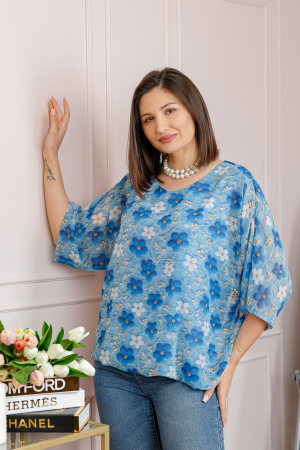 Bluza dama Maddie din voal bleu cu imprimeu floral albastru [1]