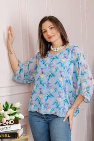 Bluza dama Maddie din voal bleu cu imprimeu floral turcoaz [1]