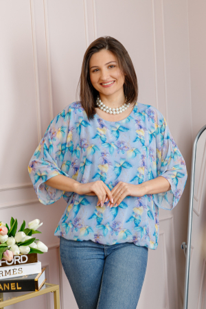 Bluze - Bluza dama Maddie din voal bleu cu imprimeu floral turcoaz