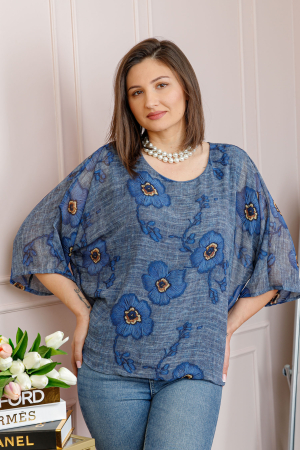 Bluza dama Maddie din voal gri albastrui cu imprimeu floral albastru [2]