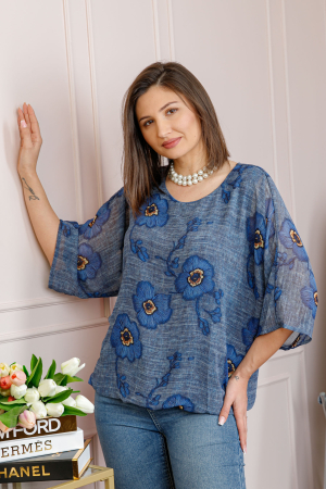 Bluza dama Maddie din voal gri albastrui cu imprimeu floral albastru [1]