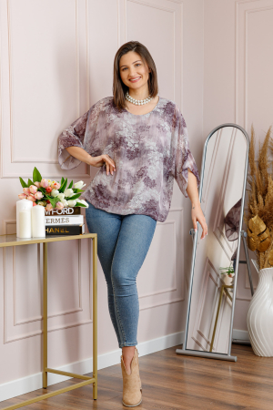 Bluza dama Maddie din voal mov prafuit cu imprimeu floral mov [3]