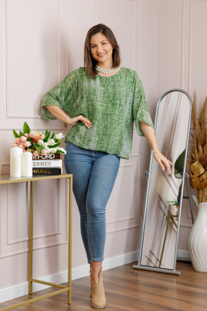 Bluza dama Maddie din voal verde cu imprimeu texturat alb [3]