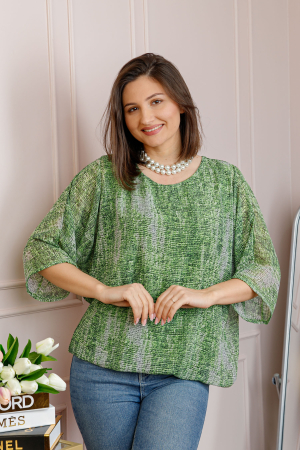 Bluze - Bluza dama Maddie din voal verde cu imprimeu texturat alb