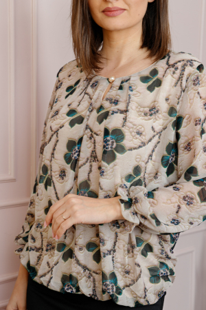 Bluza dama Pauline din voal bej cu imprimeu floral verde petrol [1]