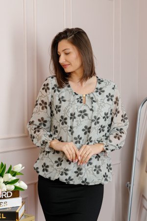 Bluza dama Pauline din voal gri cu imprimeu floral negru [2]