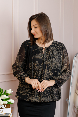 Bluza dama Pauline din voal negru cu imprimeu floral auriu [2]
