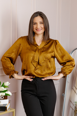Bluze - Bluza dama satinata maro caramel cu aplicatie tip cravata Yvonne