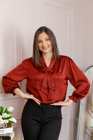 Bluze - Bluza dama satinata rosu grena cu aplicatie tip cravata Yvonne