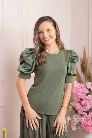 Bluza eleganta Arabella cu maneci bufante - Kaki [3]