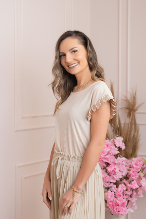 Bluza eleganta Aurora cu maneca scurta cu volane plisate - Crem [1]