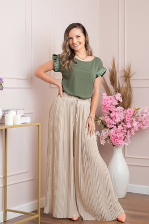 Bluza eleganta Aurora cu maneca scurta cu volane plisate - Kaki [2]