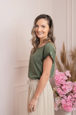 Bluza eleganta Aurora cu maneca scurta cu volane plisate - Kaki [1]