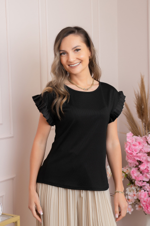 Bluza eleganta Aurora cu maneca scurta cu volane plisate - Negru [3]