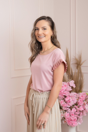 Bluza eleganta Aurora cu maneca scurta cu volane plisate - Roz pudrat [1]