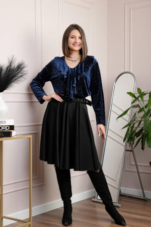 Bluza eleganta din catifea Cynthia cu volan si sclipici discret - Bleumarin [3]