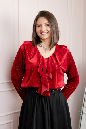 Bluza eleganta din catifea Cynthia cu volan si sclipici discret - Rosu [2]