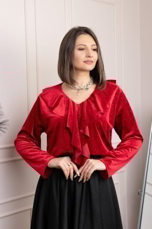 Bluze - Bluza eleganta din catifea Cynthia cu volan si sclipici discret - Rosu