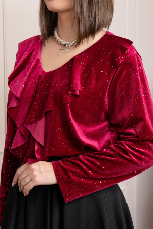 Bluza eleganta din catifea Cynthia cu volan si sclipici discret - Visiniu [1]