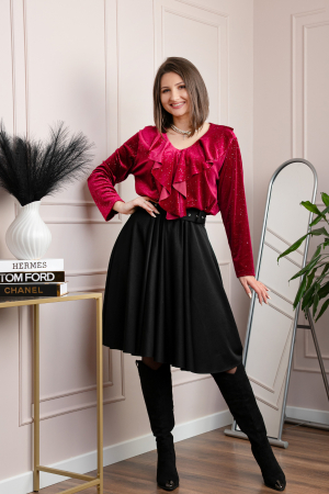 Bluza eleganta din catifea Cynthia cu volan si sclipici discret - Visiniu [3]