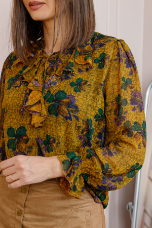 Bluza eleganta galben mustar Lucienne cu imprimeu verde si jabou [1]