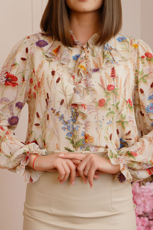 Bluza eleganta Genevieve cu volanase si imprimeu floral crem [1]