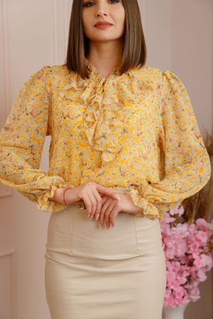 Bluza eleganta Genevieve cu volanase si imprimeu floral galben [1]