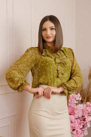 Bluza eleganta Genevieve cu volanase si imprimeu floral verde olive [2]