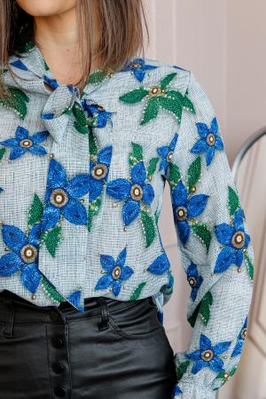 Bluza eleganta Nathalie cu funda la gat si imprimeu albastru si verde [1]