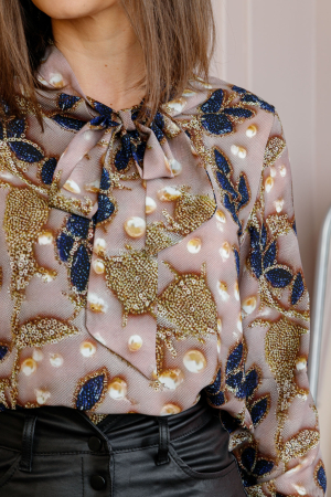 Bluza eleganta Nathalie cu funda la gat si imprimeu auriu si albastru [1]