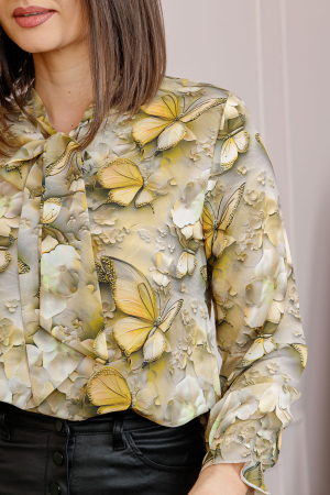 Bluza eleganta Nathalie cu funda la gat si imprimeu cu fluturi galben pastel [1]