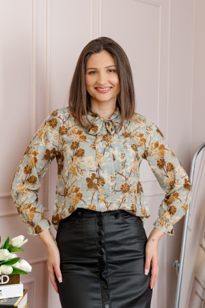 Bluze - Bluza eleganta Nathalie cu funda la gat si imprimeu galben si crem