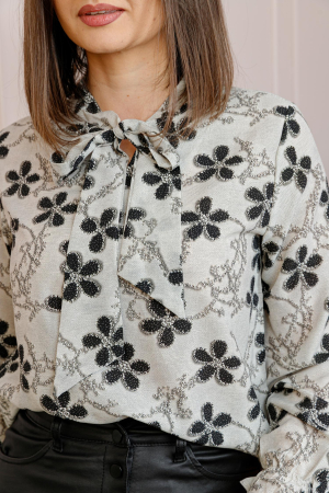 Bluza eleganta Nathalie cu funda la gat si imprimeu negru pe fond bej [1]