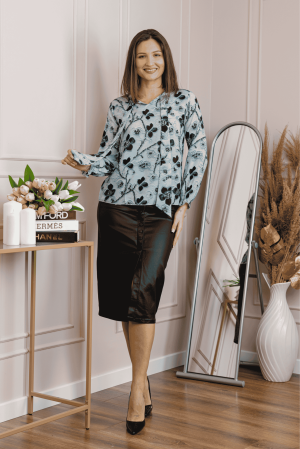 Bluza eleganta Nathalie cu funda la gat si imprimeu turcoaz si bleumarin [3]