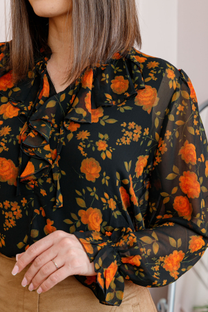 Bluza eleganta neagra Lucienne cu flori portocalii si jabou [1]