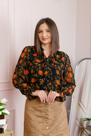 Bluza eleganta neagra Lucienne cu flori portocalii si jabou [2]