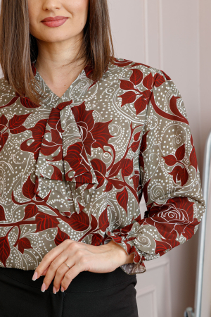 Bluza eleganta Sophie cu aplicatie tip cravata si imprimeu bej si rosu caramiziu [1]