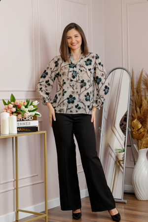 Bluza eleganta Sophie cu aplicatie tip cravata si imprimeu bej si verde petrol [3]