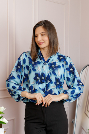 Bluza eleganta Sophie cu aplicatie tip cravata si imprimeu bleu si albastru regal [2]