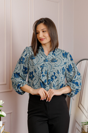 Bluza eleganta Sophie cu aplicatie tip cravata si imprimeu gri melanj si albastru regal [2]