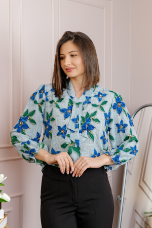 Bluza eleganta Sophie cu aplicatie tip cravata si imprimeu gri si albastru regal [2]