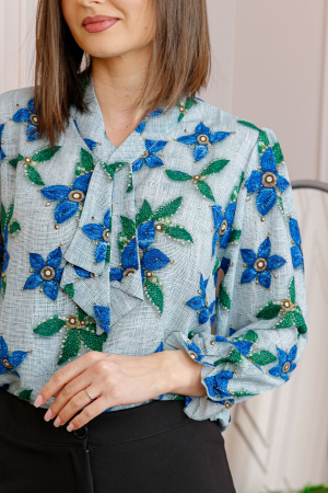 Bluza eleganta Sophie cu aplicatie tip cravata si imprimeu gri si albastru regal [1]