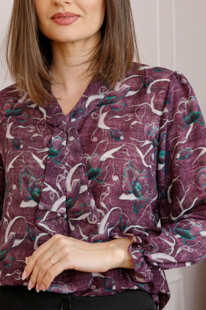 Bluza eleganta Sophie cu aplicatie tip cravata si imprimeu mov pruna si verde petrol [1]