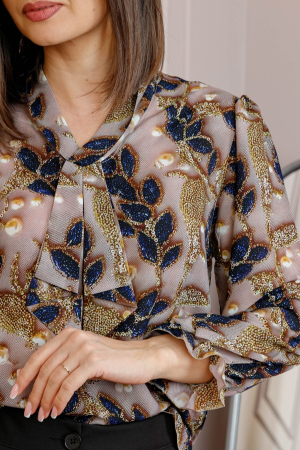 Bluza eleganta Sophie cu aplicatie tip cravata si imprimeu roz pudrat si bleumarin [1]